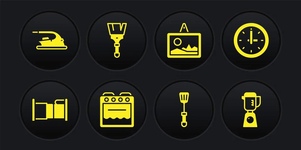 Set Bed, Clock, Oven, Spatula, Picture, Paint brush, Blender and Electric iron Stock Illustration