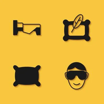 Set Bed, Eye sleep mask, Pillow and icon with long shadow. Vector Stock Illustration