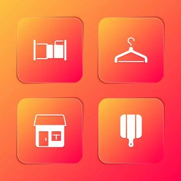 Set Bed, Hanger wardrobe, House and Cutting board icon. Vector Stock Illustration