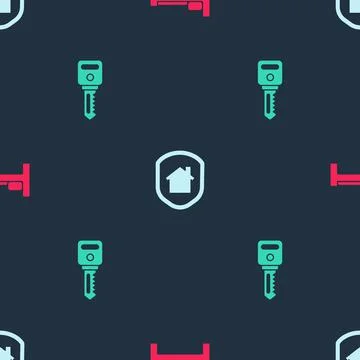 Set Bed, House under protection and key on seamless pattern. Vector Illustrazione stock