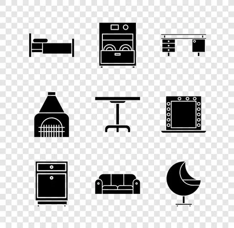 Set Bed, Kitchen dishwasher machine, Office desk, Furniture nightstand, Sofa Stock Illustration