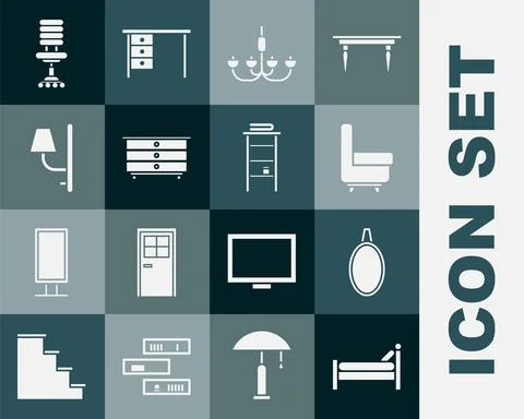 Set Bed, Mirror, Armchair, Chandelier, Chest of drawers, Wall sconce, Office and Stock Illustration