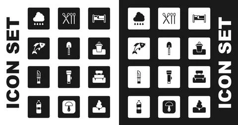 Set Bed, Shovel, Fish, Cloud with rain, Trash can, Match stick, Bench and Knife Stock Illustration