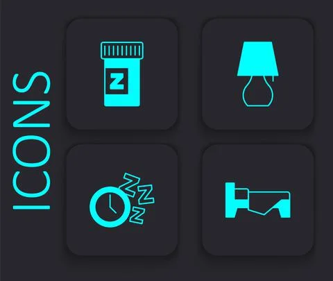 Set Bed, Sleeping pill, Table lamp and Alarm clock icon. Black square button Ilustración de archivo