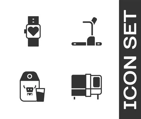 Set Bed, Smart watch, Paper package for milk and Treadmill machine icon. Vector Illustrazione stock