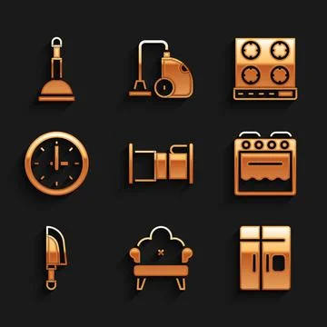 Set Bed, Sofa, Refrigerator, Oven, Knife, Clock, Gas stove and Rubber plunger Ilustração Stock