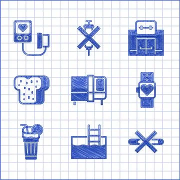 Set Bed, Swimming pool with ladder, No Smoking, Smart watch, Fresh smoothie Stock Illustration