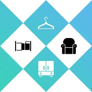 Set Bed, Wardrobe, Hanger wardrobe and Armchair icon. Vector Stock Illustration