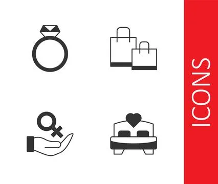 Set Bedroom, Diamond engagement ring, Female gender symbol and Paper shoppi.. Stock Illustration