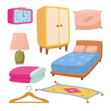 Set of Bedroom Element Objects set collection, with Blanket, Carpet, Hanger.. Stock Illustration