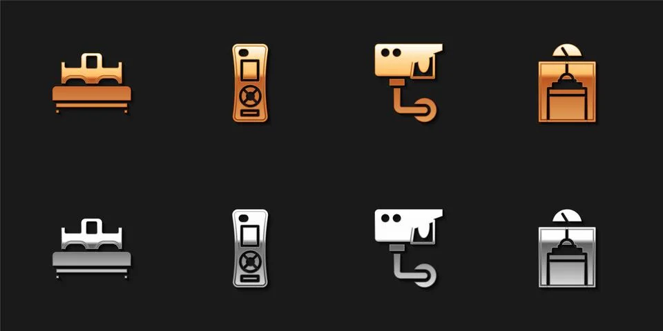 Set Bedroom, Remote control, Security camera and Lift icon. Vector Stock Illustration