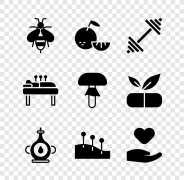 Set Bee, Citrus fruit, Dumbbell, Oil bottle, Acupuncture therapy, Heart in .. Stock Illustration
