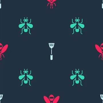 Set Bee, Fly swatter and Insect fly on seamless pattern. Vector イラスト素材