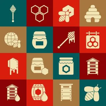 Set Bee, Hive for bees, Hanging sign with honeycomb, and, Jar of, Honeycomb.. Stock Illustration