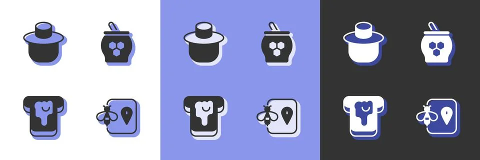 Set Bee location, Beekeeper with protect hat, Bread honey and Jar of and dipper Stock Illustration