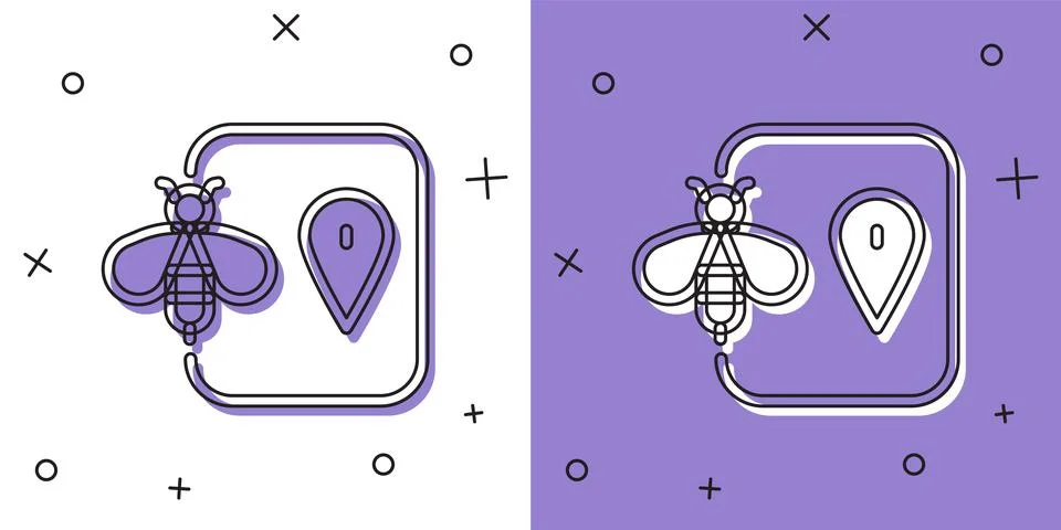 Set Bee location map pin pointer icon isolated on white and purple background Stock Illustration