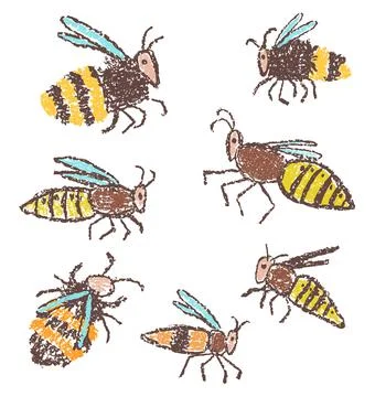 Set of bee, wasp, bumblebee, hornet. Doodle hand drawn yellow flying insect Stock Illustration