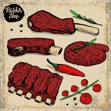 Set of beef ribs. Grilled steak with cherry tomatoes, chili pepper, rosemarin Stock Illustration