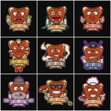 Set Of Beef Steak Mascot Character Cartoon. Blank Sign Logo. Stock Illustration