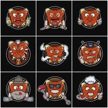Set Of Beef Steak Mascot Character Cartoon. Circle Logo. Stock Illustration