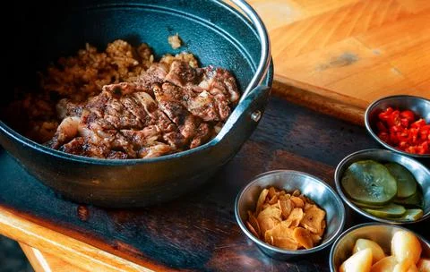 Set of beef steak with stir fried rice Stock Photos