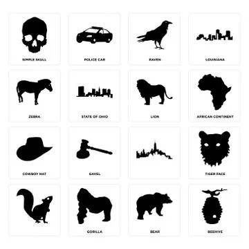 Set of beehive, bear, , cowboy hat, lion, zebra, raven, simple skull icons Free Stock Illustration