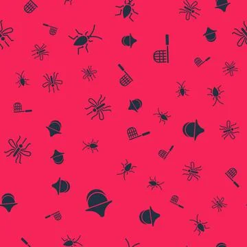 Set Beekeeper hat, Cockroach, Mosquito and Butterfly net on seamless pattern Illustrazione stock