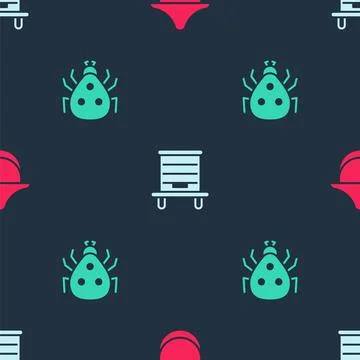 Set Beekeeper hat, Hive for bees and Ladybug on seamless pattern. Vector Stock Illustration