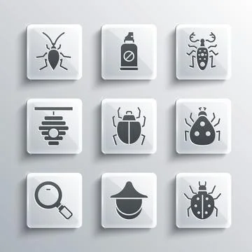 Set Beekeeper hat, Mite, Ladybug, Magnifying glass, Hive for bees, Cockroach and Stock Illustration
