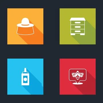 Set Beekeeper with protect hat, Hive for bees, Jar of honey and  icon. Vector Stock Illustration