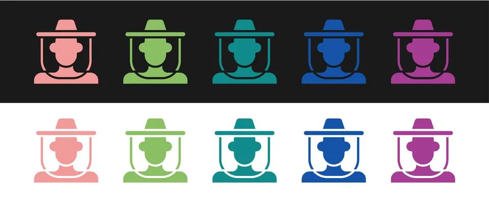 Set Beekeeper with protect hat icon isolated on black and white background. S Stock Illustration
