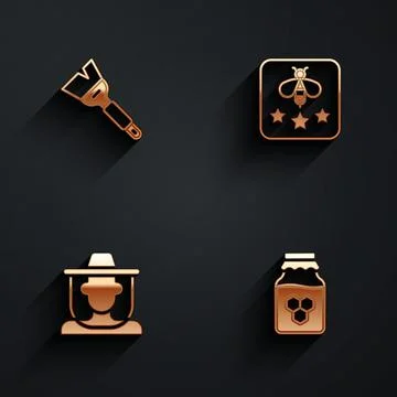 Set Beekeeping brush, Type of bee, Beekeeper with protect hat and Jar honey icon Ilustración de archivo