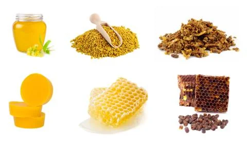 Set of beekeeping products on a white background. Honey, pollen, propolis, be Stock Photos