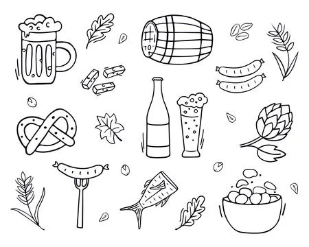 Set of beer and snacks doodles isolated on white. Brewery in sketch style Stock Illustration
