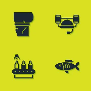Set Beer belly, Dried fish, Conveyor band, beer and helmet icon. Vector Illustrazione stock