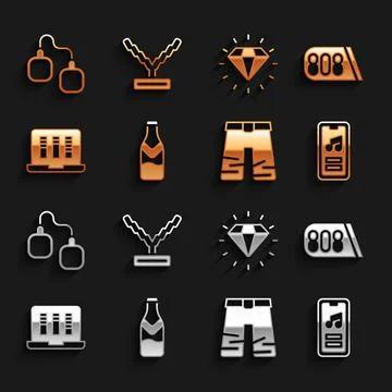 Set Beer bottle, Drum machine music, Music player, Wide pants, Sound or audio Stock Illustration
