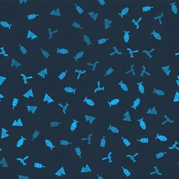 Set Beer bottle, Fish, tap and Mountains on seamless pattern. Vector Stock Illustration