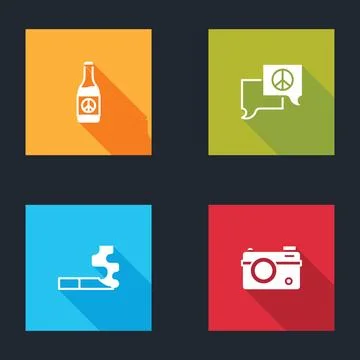 Set Beer bottle, Speech bubble chat, Cigarette and Photo camera icon. Vector Stock Illustration