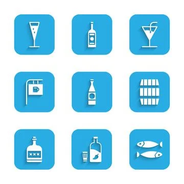 Set Beer bottle, Vodka with pepper and glass, Dried fish, Wooden barrel, Alcohol Stock Illustration