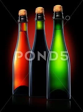 Set of beer bottles isolated on black background Stock Photos