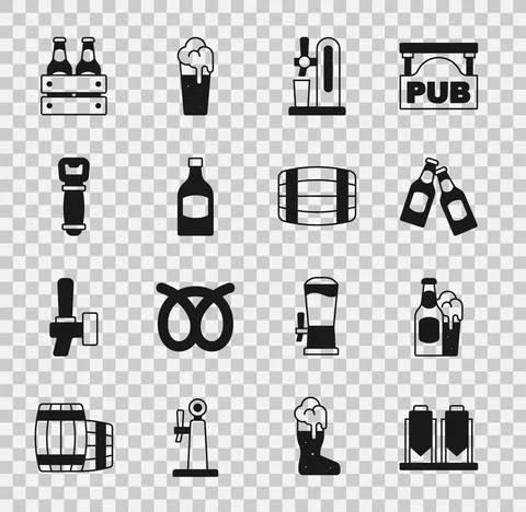 Set Beer brewing process, bottle and glass, tap with, Bottle opener, Pack of Stockillustratie