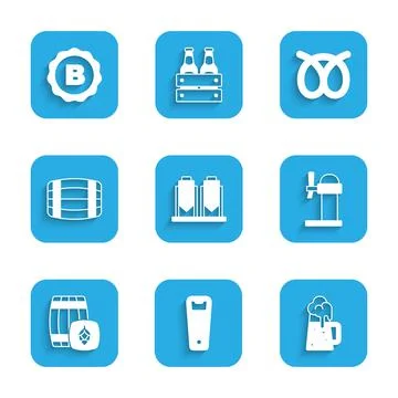 Set Beer brewing process, Bottle opener, Wooden beer mug, Dispenser, barrel Stock Illustration