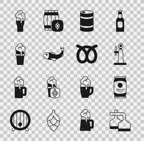 Set Beer brewing process, can, tap, Metal beer keg, Dried fish, Glass of, and 스톡 일러스트