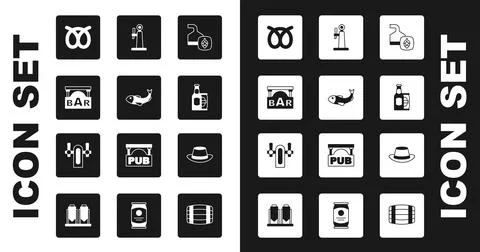Set Beer brewing process, Dried fish, Street signboard with Bar, Pretzel, bottle 스톡 일러스트