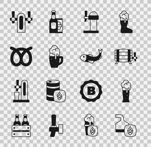 Set Beer brewing process, Glass of beer, Wooden barrel, Dispenser, Pretzel, tap Stock Illustration