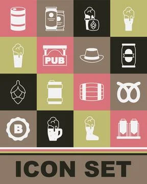 Set Beer brewing process, Pretzel, can, Glass of beer, Street signboard wit.. 스톡 일러스트