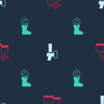 Set Beer brewing process, tap and Boot beer glass on seamless pattern. Vector Stock Illustration