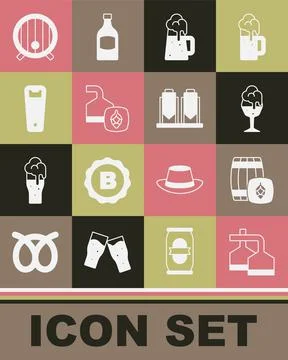 Set Beer brewing process, Wooden barrel, Glass of beer, mug, Bottle opener, and Stock Illustration
