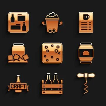 Set Beer bubbles, Pack of beer bottles, Wine corkscrew, can, Cold, menu and.. Stock Illustration