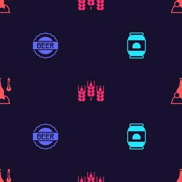 Set Beer can, Bottle cap with beer, Wheat and Cold bottle on seamless pattern Stock Illustration